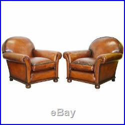 English Fully Restored Hand Dyed Victorian Whisky Brown Leather Armchairs Pair