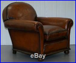 English Fully Restored Hand Dyed Victorian Whisky Brown Leather Armchairs Pair