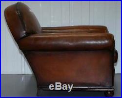 English Fully Restored Hand Dyed Victorian Whisky Brown Leather Armchairs Pair