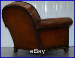 English Fully Restored Hand Dyed Victorian Whisky Brown Leather Armchairs Pair