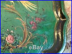 English Tray Papier Mache Hand Painted Victorian Birds Flowers 19th Century 25in