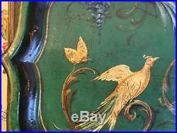 English Tray Papier Mache Hand Painted Victorian Birds Flowers 19th Century 25in