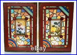 English Victorian Hand Painted Fired Stained Glass Window (PAIR) Landscape