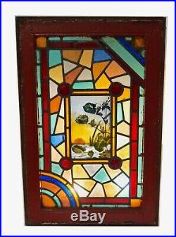 English Victorian Hand Painted Fired Stained Glass Window (PAIR) Landscape