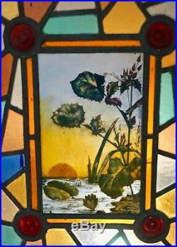 English Victorian Hand Painted Fired Stained Glass Window (PAIR) Landscape