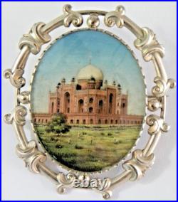 Estate 19c Antique Miniature Humayun's Tomb Hand Painted Brooch Sterling 2.5