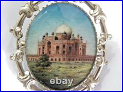 Estate 19c Antique Miniature Humayun's Tomb Hand Painted Brooch Sterling 2.5