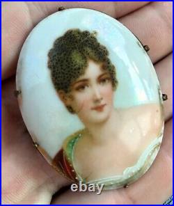 Estate Antique Victorian Hand-Painted Porcelain Pretty Lady Cameo BROOCH
