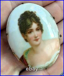 Estate -Antique Victorian Hand-Painted Porcelain Pretty Lady Cameo BROOCH Wow