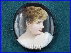 Estate Large Handed Painted Porcelain Lady's Face in Brass Pin Antique