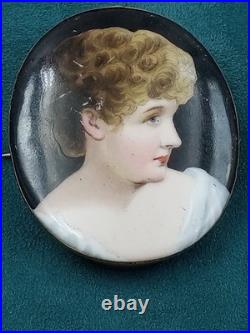 Estate Large Handed Painted Porcelain Lady's Face in Brass Pin Antique