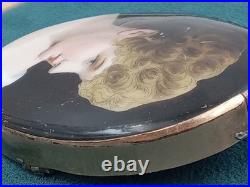 Estate Large Handed Painted Porcelain Lady's Face in Brass Pin Antique