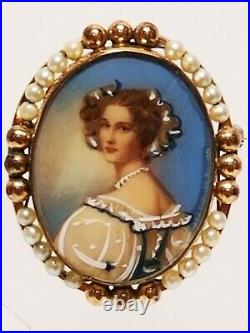 Estate Victorian 12K Gold Filled & Pearl Hand Painted Portrait Pin Brooch