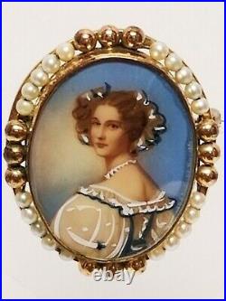 Estate Victorian 12K Gold Filled & Pearl Hand Painted Portrait Pin Brooch