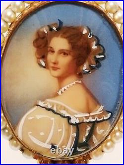Estate Victorian 12K Gold Filled & Pearl Hand Painted Portrait Pin Brooch