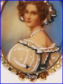 Estate Victorian 12K Gold Filled & Pearl Hand Painted Portrait Pin Brooch