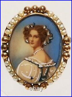 Estate Victorian 12K Gold Filled & Pearl Hand Painted Portrait Pin Brooch