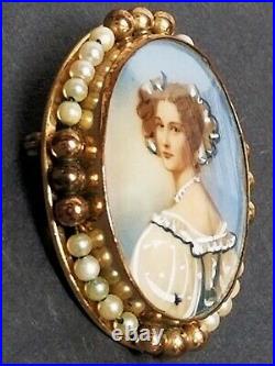 Estate Victorian 12K Gold Filled & Pearl Hand Painted Portrait Pin Brooch