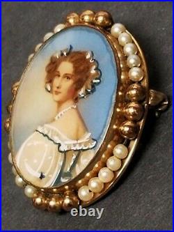 Estate Victorian 12K Gold Filled & Pearl Hand Painted Portrait Pin Brooch