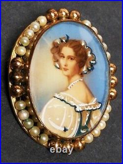 Estate Victorian 12K Gold Filled & Pearl Hand Painted Portrait Pin Brooch