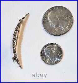 Exceptional 14K ATQ Victorian Crescent Brooch Hand Rose Cut Diamond & Seed Pearl