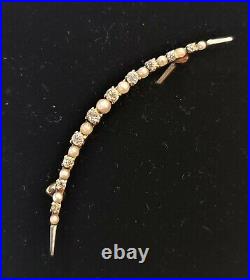 Exceptional 14K ATQ Victorian Crescent Brooch Hand Rose Cut Diamond & Seed Pearl