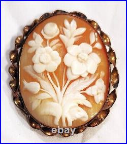 Exceptional Antique Victorian Hand Carved Italian Floral Bouquet Cameo 9K Gold