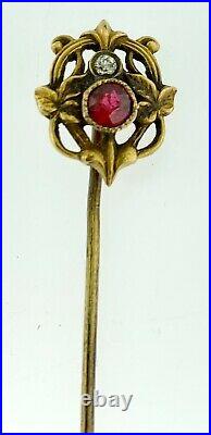 Exquisite 14k Gold Victorian Stick Pin Shield Shaped with Diamond & Ruby Estate