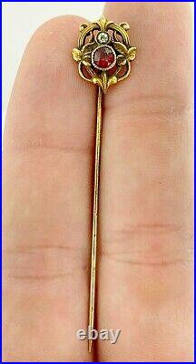 Exquisite 14k Gold Victorian Stick Pin Shield Shaped with Diamond & Ruby Estate