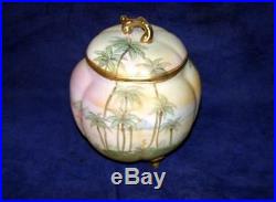 Exquisite Antique Nippon Egyptian Pyramids Hand Painted Biscuit Jar Gold Beading