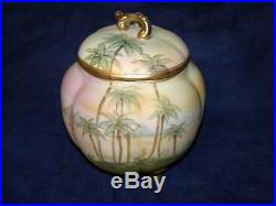 Exquisite Antique Nippon Egyptian Pyramids Hand Painted Biscuit Jar Gold Beading