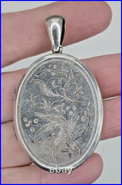 Exquisite Large Victorian Sterling Silver Locket Pendant Hand Engraved 2 Birds