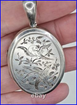 Exquisite Large Victorian Sterling Silver Locket Pendant Hand Engraved 2 Birds