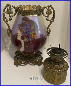 Exquisite Rare Large Victorian Portrait Hand Painted Glass Oil Lamp