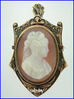 Fine Antique Victorian Lady 14Kt Gold Agate Cameo LocketBroochPendantC. 1875