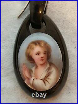 Fine Antique Victorian Whitby Jet Drop Earrings Hand Painted Little Boy Praying