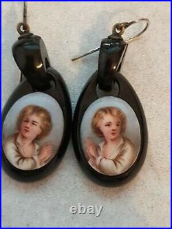 Fine Antique Victorian Whitby Jet Drop Earrings Hand Painted Little Boy Praying