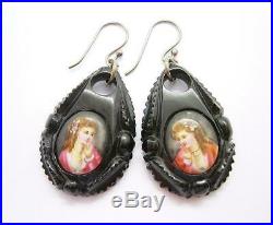 Fine Antique Victorian Whitby Jet Earrings With Hand Painted Porcelain Plaques