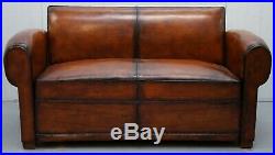 Finest Quality Art Deco Fully Restored Hand Dyed Brown Leather French Sofa Bed
