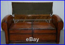 Finest Quality Art Deco Fully Restored Hand Dyed Brown Leather French Sofa Bed