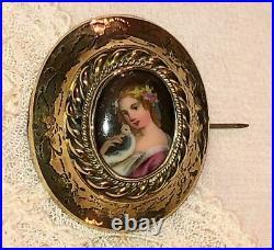 For Kathleen Antique Victorian Cameo Portrait Brooch Bird Hand Painted Porcelain