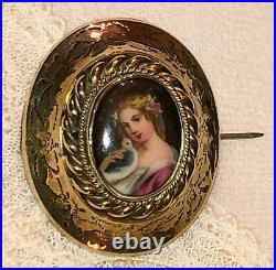For Kathleen Antique Victorian Cameo Portrait Brooch Bird Hand Painted Porcelain