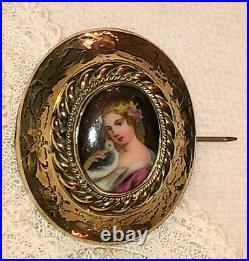 For Kathleen Antique Victorian Cameo Portrait Brooch Bird Hand Painted Porcelain