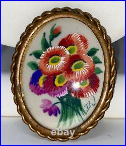 French Antique Victorian Artist Hand Painted Bouquet of Flowers signed Brooch