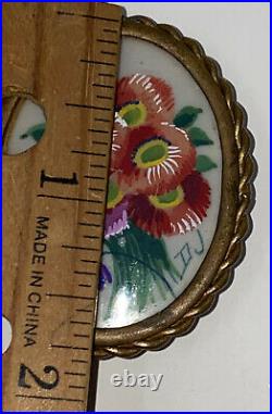 French Antique Victorian Artist Hand Painted Bouquet of Flowers signed Brooch