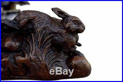 French Antique Victorian Black Forest Hand Carved Inkwell Fox and Rabbits