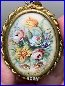 French Antique Victorian Brooch / Pendant- Bunch of flowers Hand painted, signed