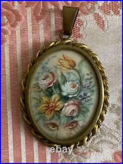 French Antique Victorian Brooch / Pendant- Bunch of flowers Hand painted, signed