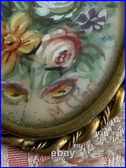 French Antique Victorian Brooch / Pendant- Bunch of flowers Hand painted, signed