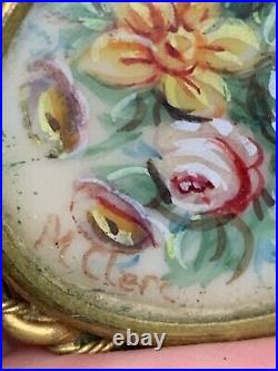 French Antique Victorian Brooch / Pendant- Bunch of flowers Hand painted, signed
